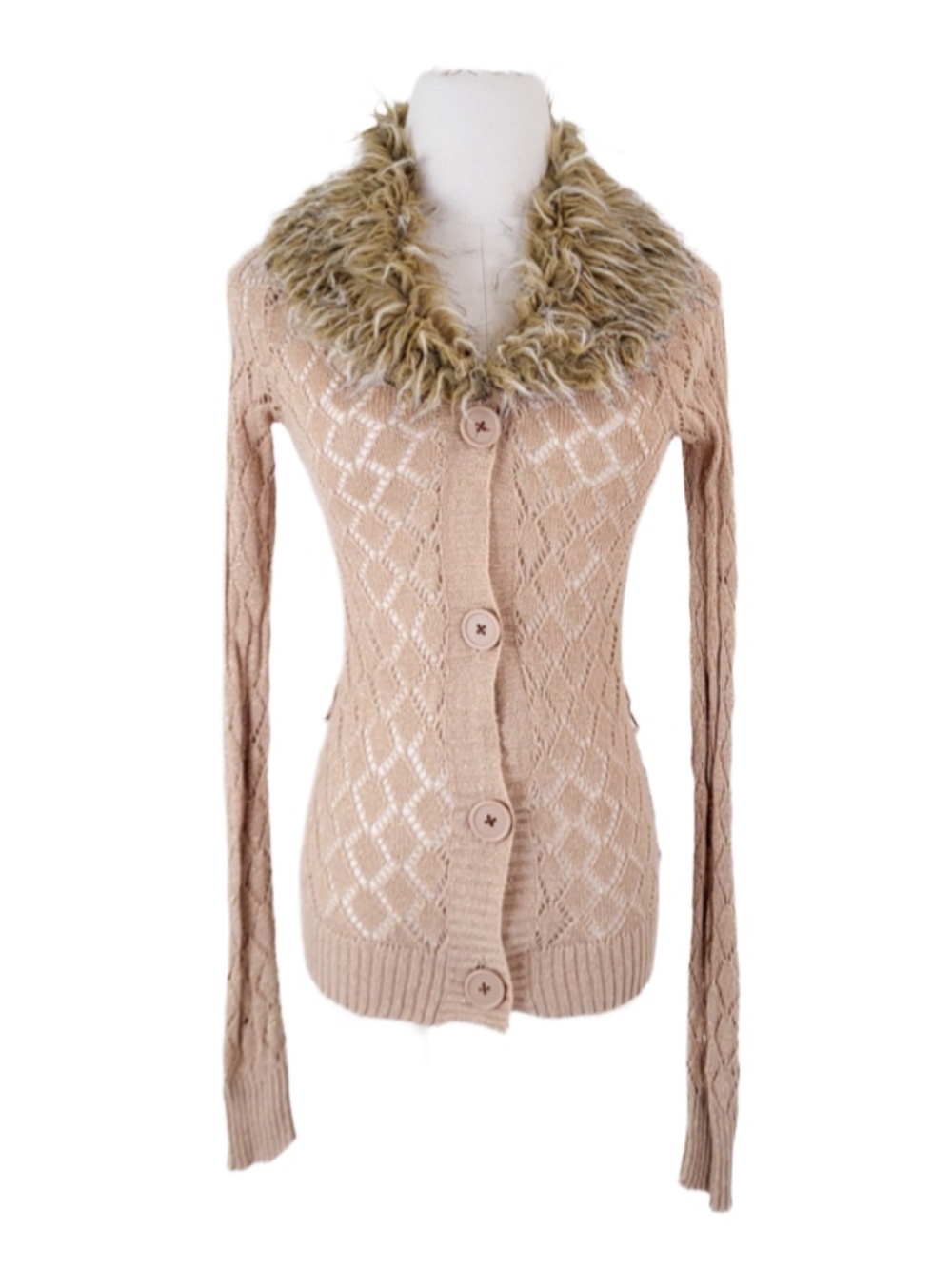 2/$25 or 4/$40 Y2K Knit Long Sleeve Cardigan Fur-trim Collar Ramie Size Small
